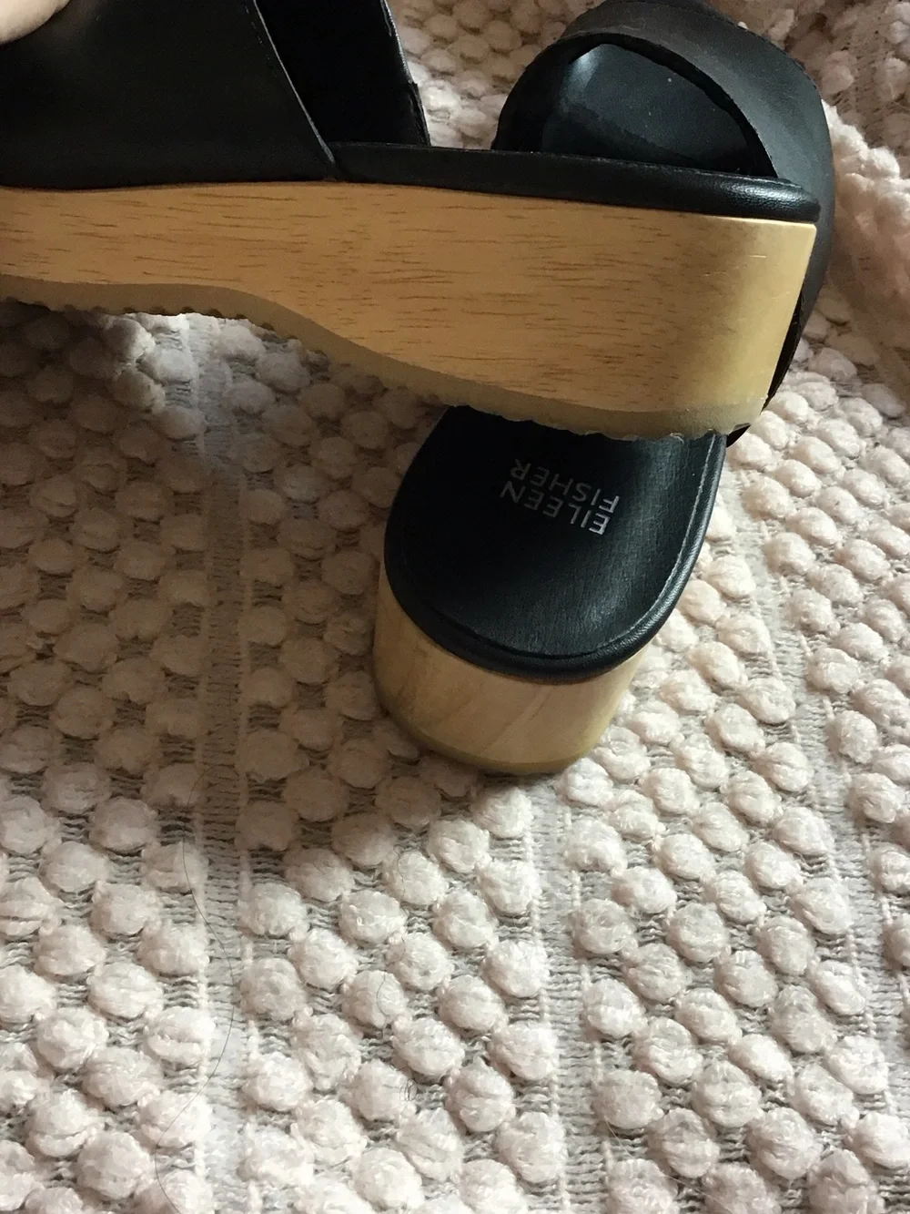 Eileen Fisher Black Novel Leather sandals with real wood Platform